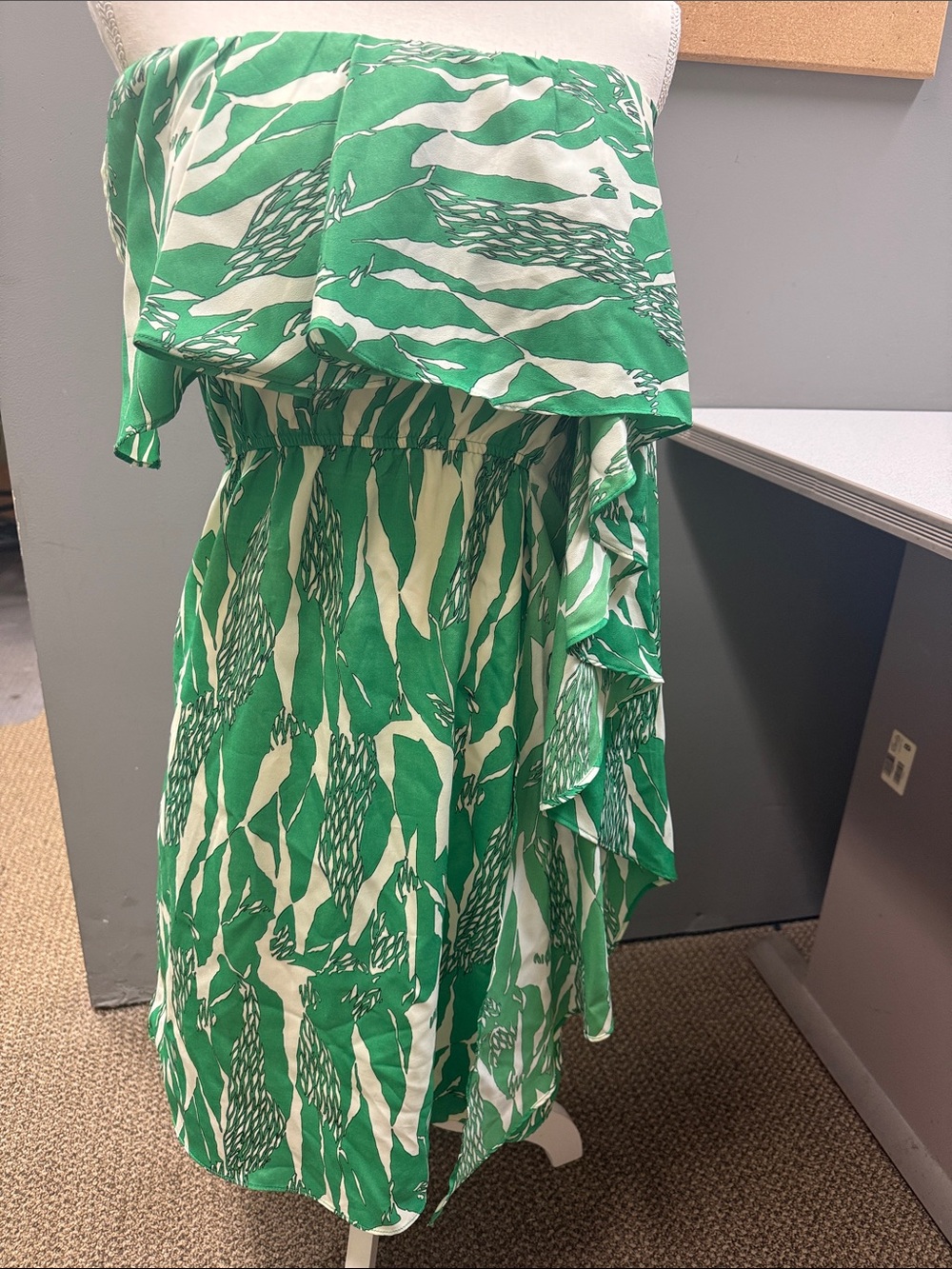 MM‎ Couture Green and White Strapless Ruffle Dress